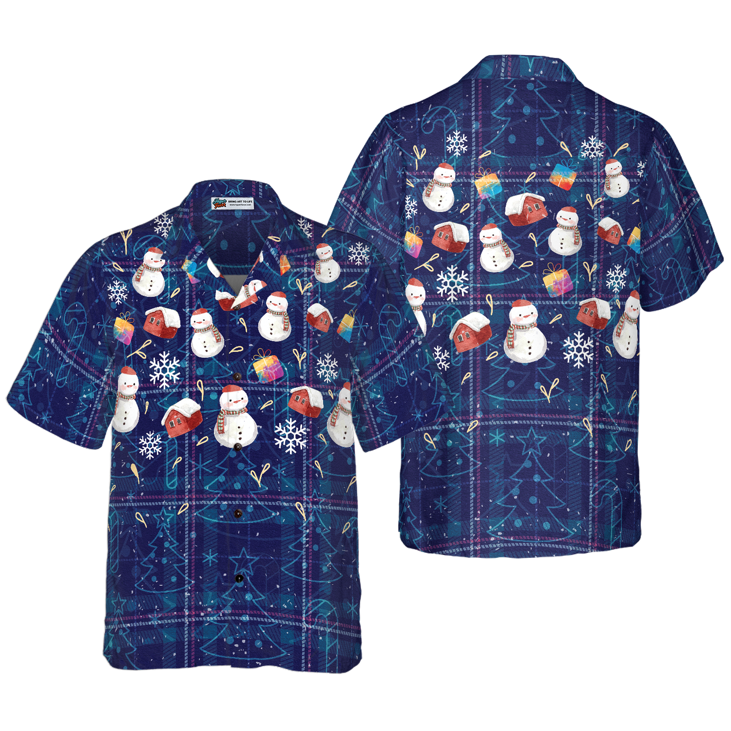 WW | Hyperfavor Weihnachts-Hawaiianhemden, Weihnachts-Schneemann dunkelblau kariertes Musterhemd mit kurzen Ärmeln, Weihnachtshemden Geschenkidee für Männer und Frauen