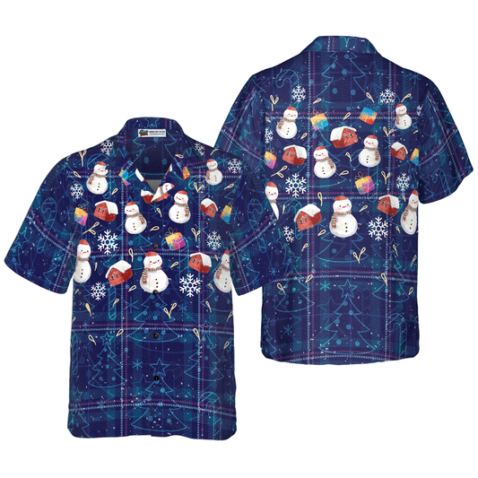 WW | Hyperfavor Weihnachts-Hawaiianhemden, Weihnachts-Schneemann dunkelblau kariertes Musterhemd mit kurzen Ärmeln, Weihnachtshemden Geschenkidee für Männer und Frauen