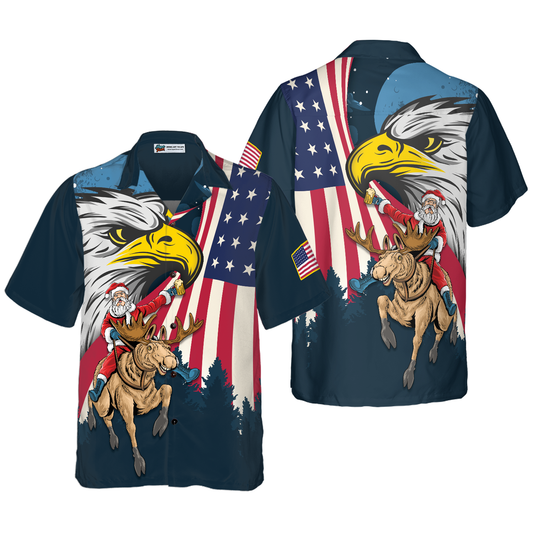 WW | Hyperfavor Christmas Hawaiian Shirts, Santa with American Flag 2 Short Sleeve Shirt, Christmas Shirt Idea Gift for Men and Women