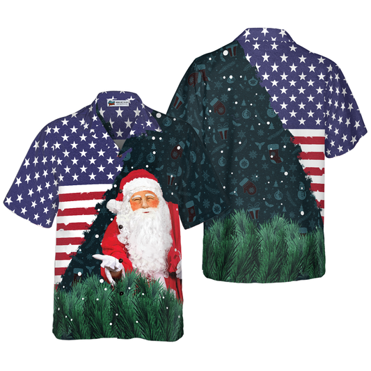 WW | Hyperfavor Christmas Hawaiian Shirts, Santa USA Flag Pattern Short Sleeve Shirt, Christmas Shirt Gift Idea For Men And Women
