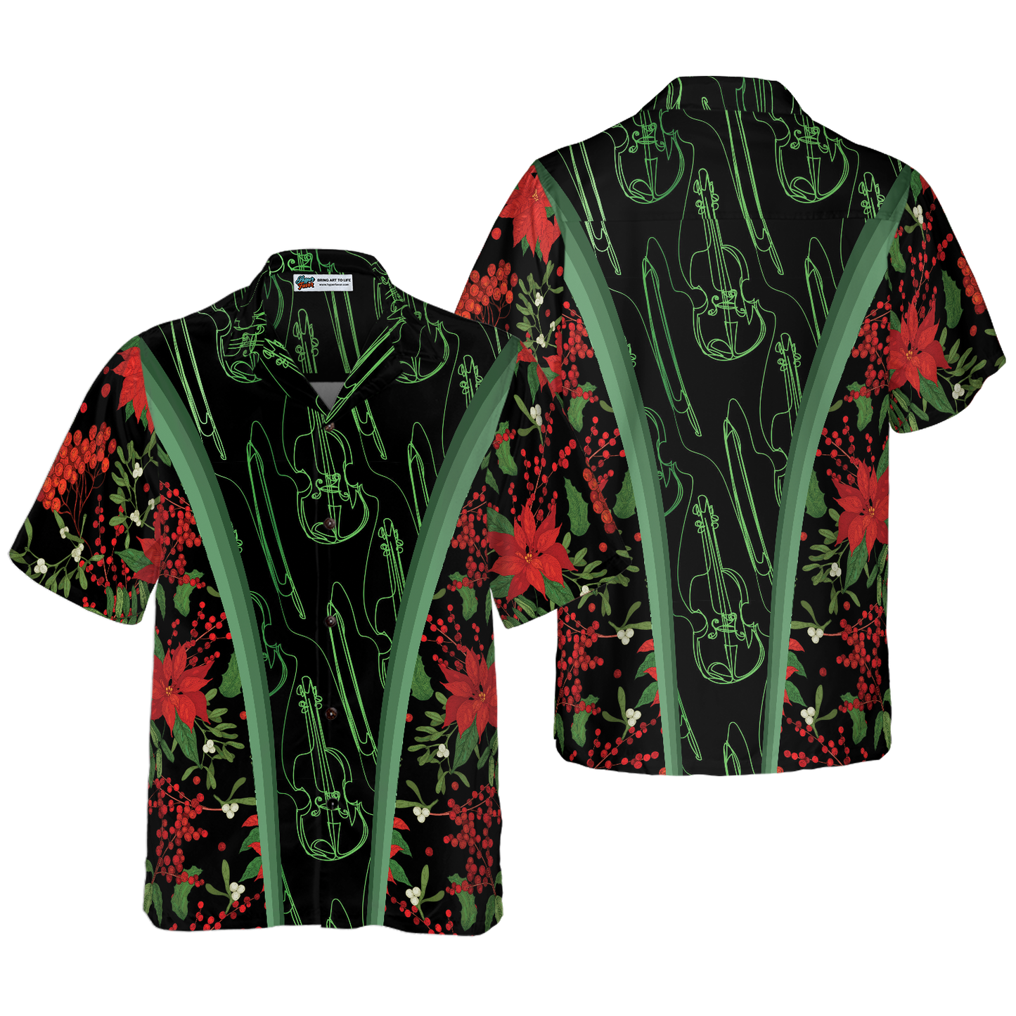 WW | Hyperfavor Christmas Hawaiian Shirts, Christmas Fiddle Music Pattern Shirt Short Sleeve, Christmas Shirt Gift Idea for Men and Women