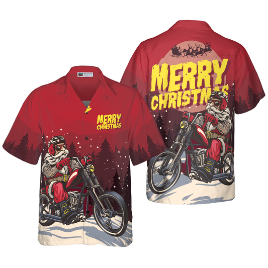 WW | Hyperfavor Christmas Hawaiian Shirts, Santa Motobike Short-Sleeve Shirt, Christmas Shirt Gift Idea for Men and Women