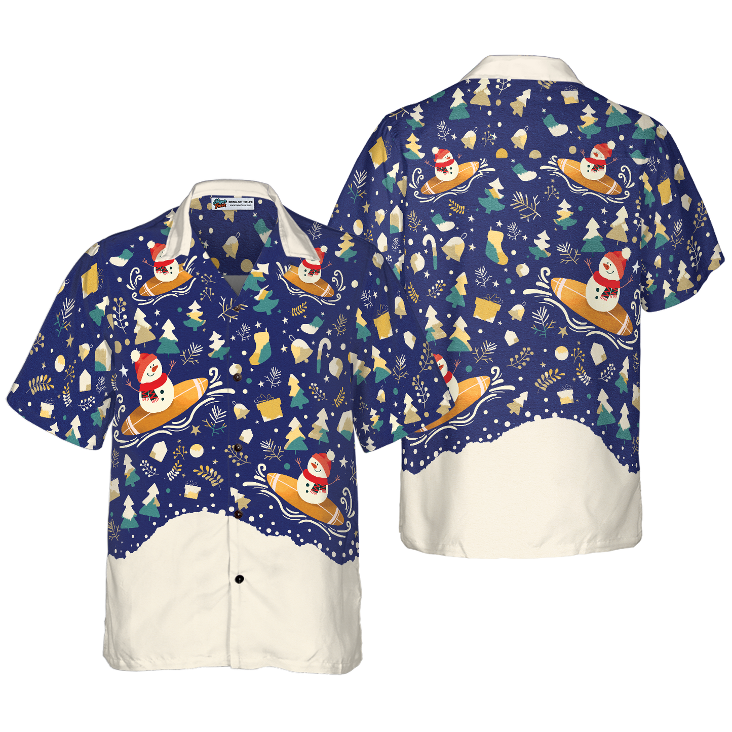 WW | Hyperfavor Weihnachten Schneemann Surfen Hawaiian Hemd, Weihnachtshemden Kurzarm Button-Down-Hemd für Männer und Frauen