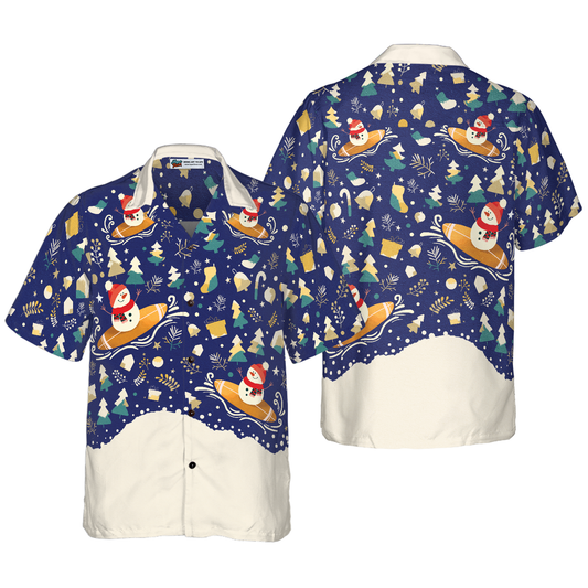 WW | Hyperfavor Weihnachten Schneemann Surfen Hawaiian Hemd, Weihnachtshemden Kurzarm Button-Down-Hemd für Männer und Frauen
