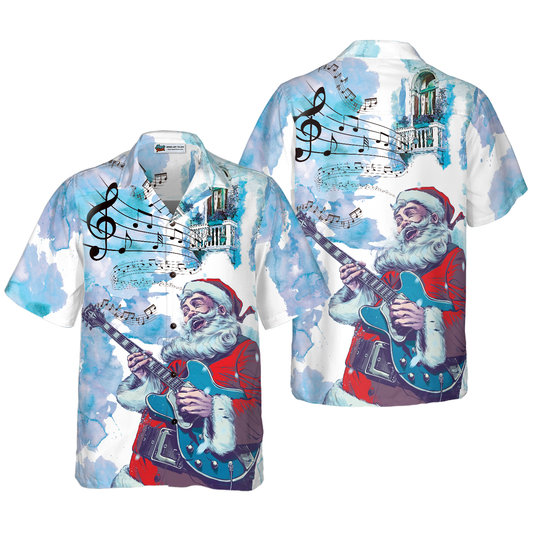 WW | Hyperfavor Christmas Hawaiian Shirts, Santa Claus Guitar Music Pattern Shirt Short Sleeve, Christmas Shirt Idea Gifts for Men and Women