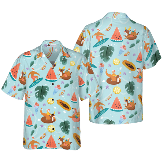 WW | Hyperfavor Santa Beach 2 Pattern Hawaiian Shirt, Christmas Shirts Short Sleeve Button Down Shirt for Men and Women