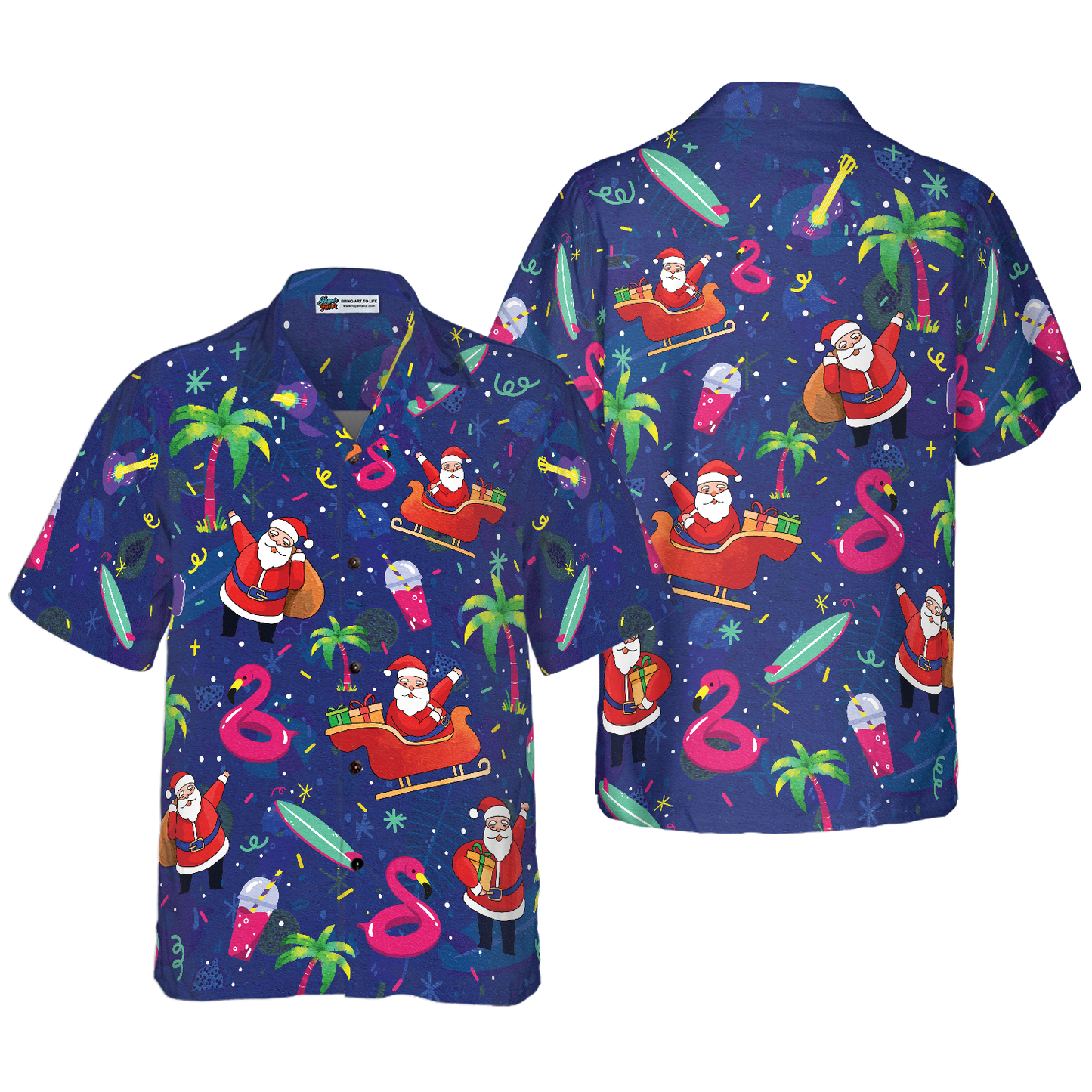 WW | Hyperfavor Weihnachts-Hawaiian-Shirts, Santa Flamingo tropisches Mustershirt Kurzarm, Weihnachtshemd Geschenkidee für Männer und Frauen