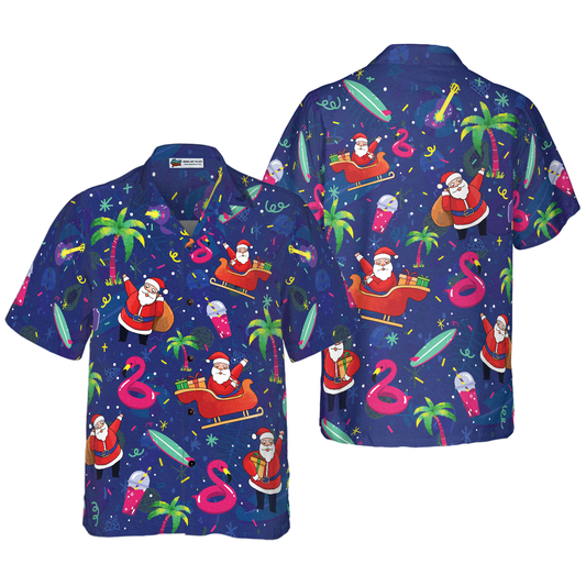 WW | Hyperfavor Christmas Hawaiian Shirts, Santa Flamingo Tropical Pattern Short Sleeve, Christmas Shirt Gift Idea for Men and Women