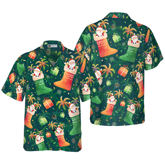WW | Hyperfavor Christmas Hawaiian Shirts, Santa Christmas Stocking Pattern Short Sleeve Shirt, Christmas Shirt Gift Idea for Men and Women