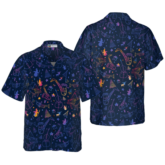 WW | Hyperfavor Christmas Hawaiian Shirts, Christmas Musical Instruments Pattern Short Sleeve Shirt, Christmas Shirt Gift Idea for Men and Women