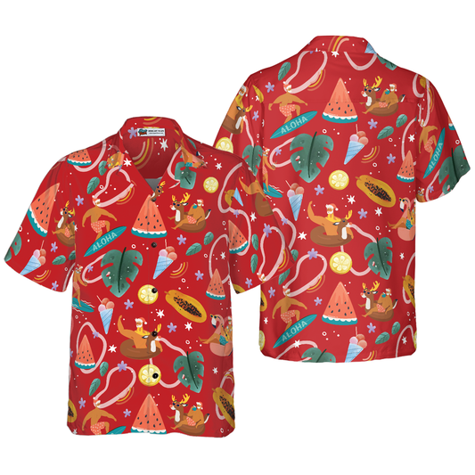 WW | Hyperfavor Santa Surfing 3 Pattern Hawaiian Shirt, Christmas Short Sleeve Button Down Shirt for Men and Women