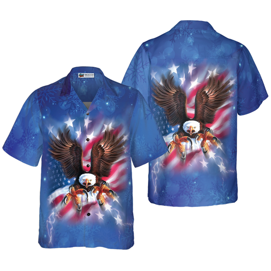 WW | Hyperfavor Christmas Hawaiian Shirts for Men and Women, Eagle Flying with American Flag Hawaiian Shirt Button-Down Shirt Short Sleeve