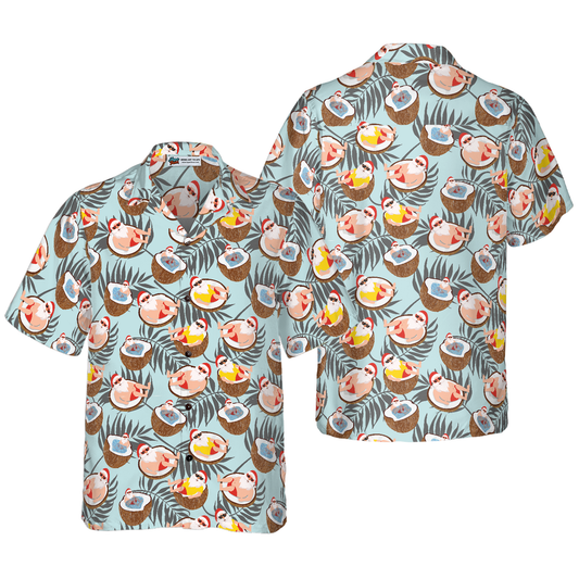 WW | Hyperfavor Christmas Hawaiian Shirts, Santa Claus with Coconut Short Sleeve Shirt, Christmas Shirt Idea Gift for Men and Women
