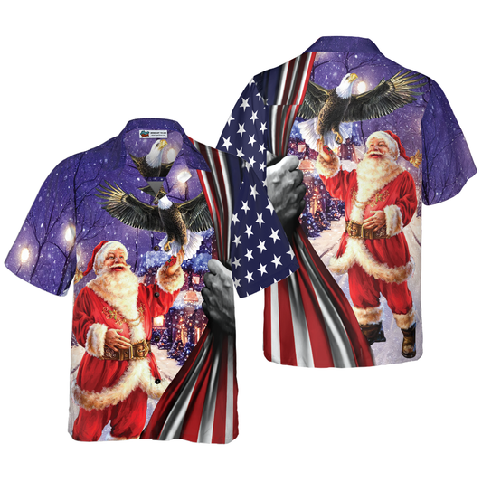 WW | Hyperfavor Christmas Hawaiian Shirts, Santa with Eagle Short Sleeve Shirt, Christmas Shirt Idea Gift for Men and Women