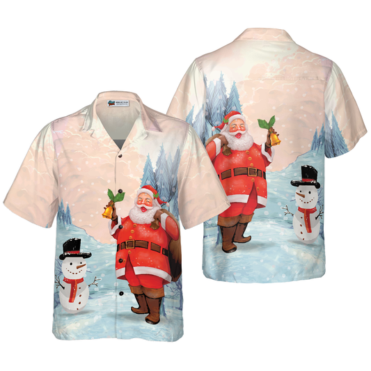 WW | Hyperfavor Christmas Hawaiian Shirts, Santa with Snowman Short Sleeve Shirt, Christmas Shirt Idea Gift for Men and Women