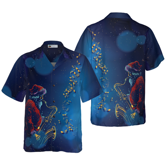 WW | Hyperfavor Christmas Hawaiian Shirts, Santa Claus Playing Saxophone Short Sleeve, Christmas Shirt Gift Idea for Men and Women