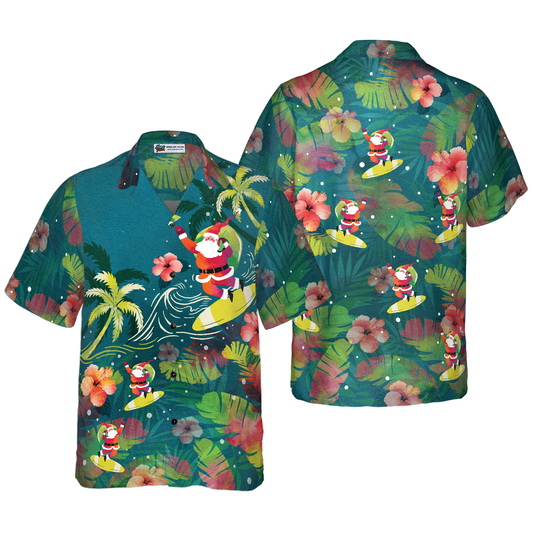 WW | Hyperfavor Christmas Hawaiian Shirts for Men and Women, Santa Surfing Tropical Hawaiian Shirt Button Down Shirt Short Sleeve
