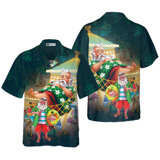 WW | Hyperfavor Christmas Hawaiian Shirts, Santa Claus on The Beach Short-Sleeve Shirt, Christmas Shirt Gift Idea for Men and Women