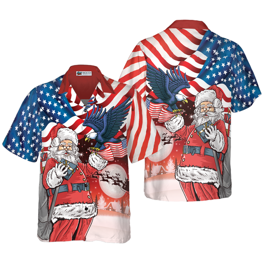 WW | Eagle sitting on Santa's hand with American flag, Hawaiian shirt, Christmas shirt idea gift for men and women