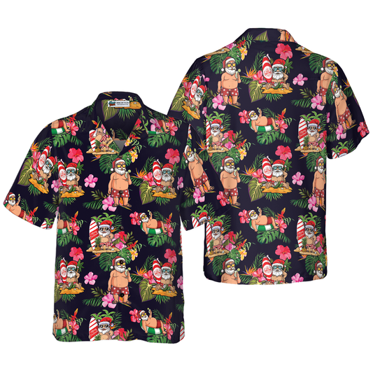WW | Hyperfavor Christmas Hawaiian Shirt, Santa with Tropical Floral Pattern Short Sleeve Shirt, Christmas Shirt Idea Gift for Men and Women