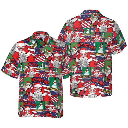 WW | Hawaiian Shirts, Santa with American Flag Comic Style Short Sleeve Shirt, Christmas Shirt Gift Idea for Men and Women