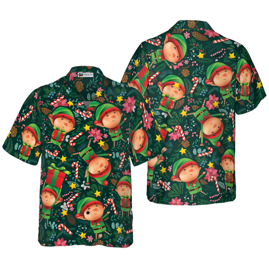 WW | Hyperfavor Christmas Hawaiian Shirts, The Christmas Elf With Dark Green Pattern Short Sleeve Shirt, Christmas Shirt Gift Idea For Men And Women