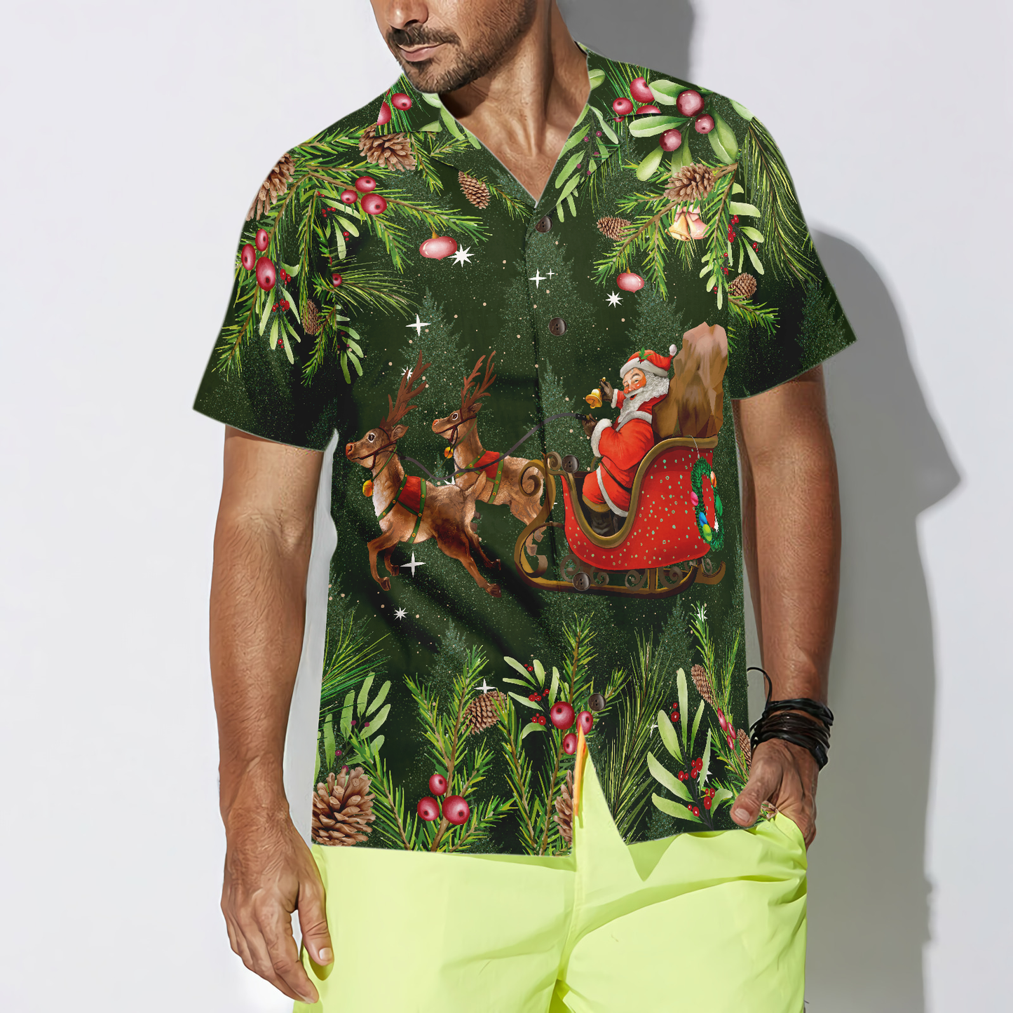WW | Hyperfavor Santa Santa Reitender Schlitten 1 Muster Hawaiian-Shirt, Weihnachtshemden Kurzarm Button-Down-Shirt für Männer und Frauen