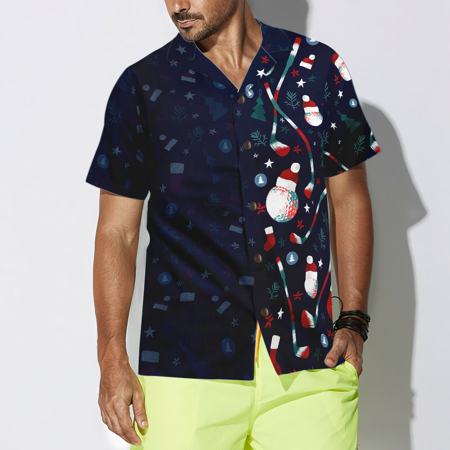 WW | Hyperfavor Weihnachts-Golfmuster Hawaiian Shirt, Weihnachtshemden Kurzarm Button-Down Hemd für Männer und Frauen