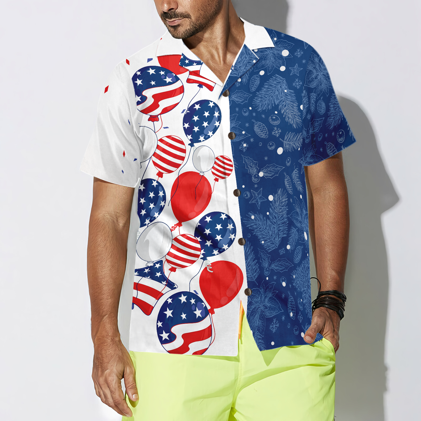 WW | Hyperfavor Weihnachten USA Ballons Muster Hawaiian Shirt, Weihnachtshemden Kurzarm Button-Down-Hemd für Männer und Frauen