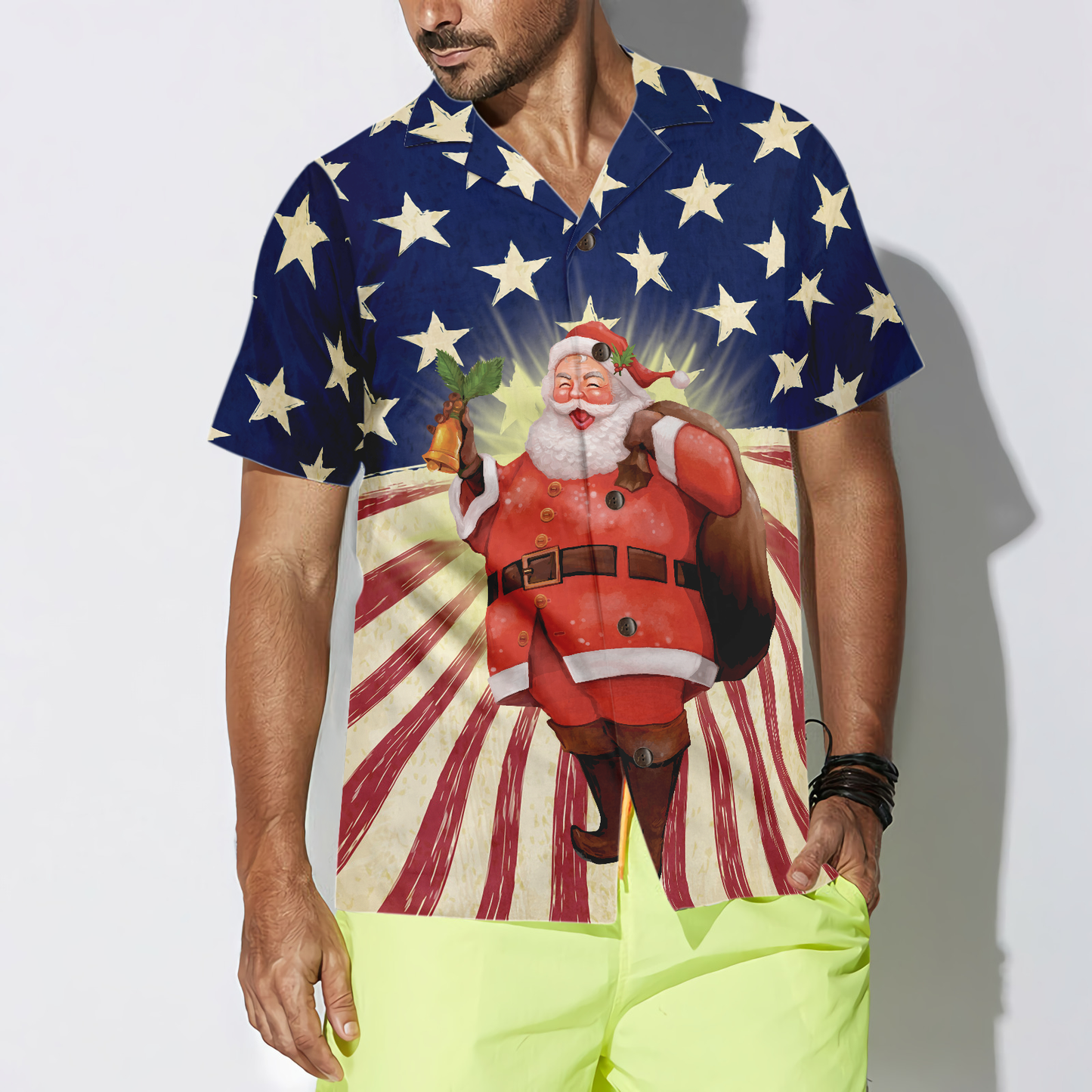 WW | Hyperfavor Santa Weihnachten Santa Amerika Hawaiian-Shirt, Weihnachtshemden Kurzarm Knopf-down-Hemd für Männer und Frauen