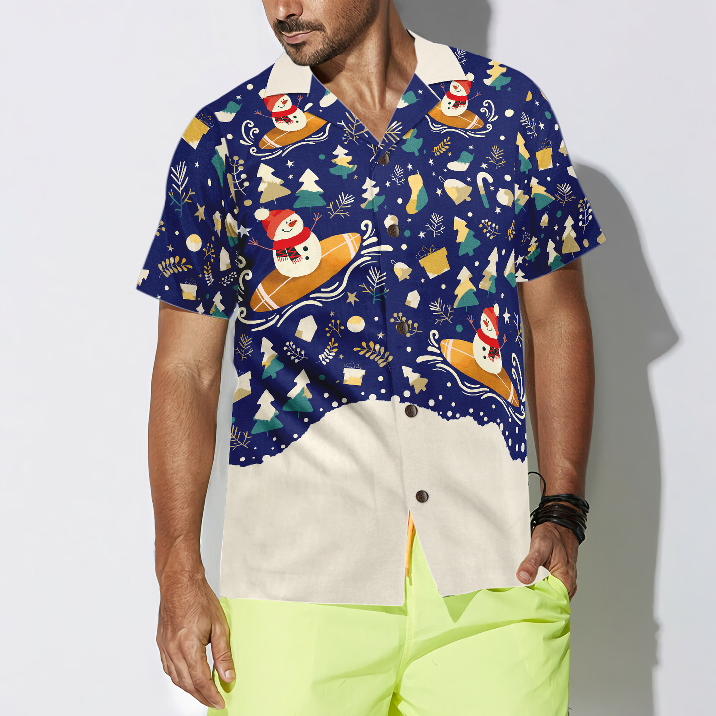 WW | Hyperfavor Weihnachten Schneemann Surfen Hawaiian Hemd, Weihnachtshemden Kurzarm Button-Down-Hemd für Männer und Frauen