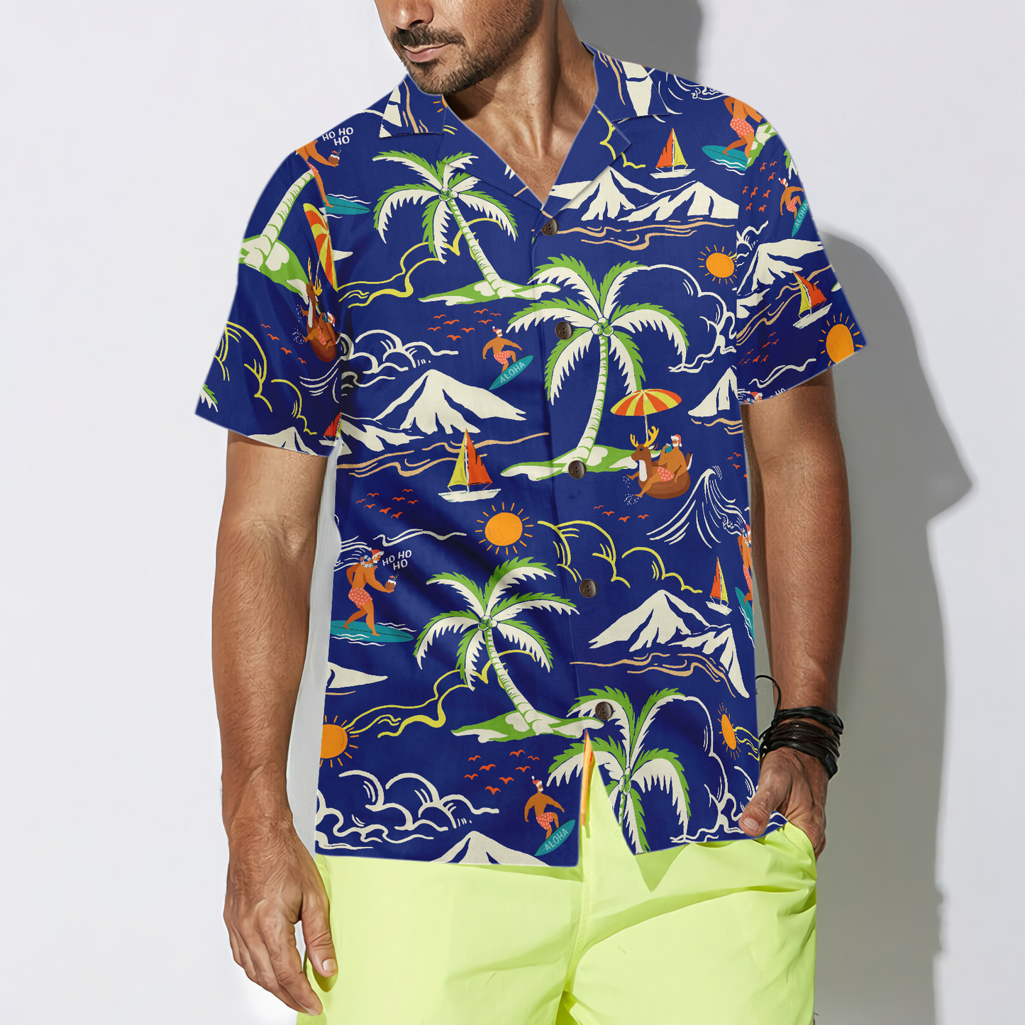 WW | Hyperfavor Weihnachts-Hawaiian-Shirts, Santa Strand Sommer Muster 3 Kurzarmhemd, Weihnachtshemd Geschenkidee für Männer und Frauen