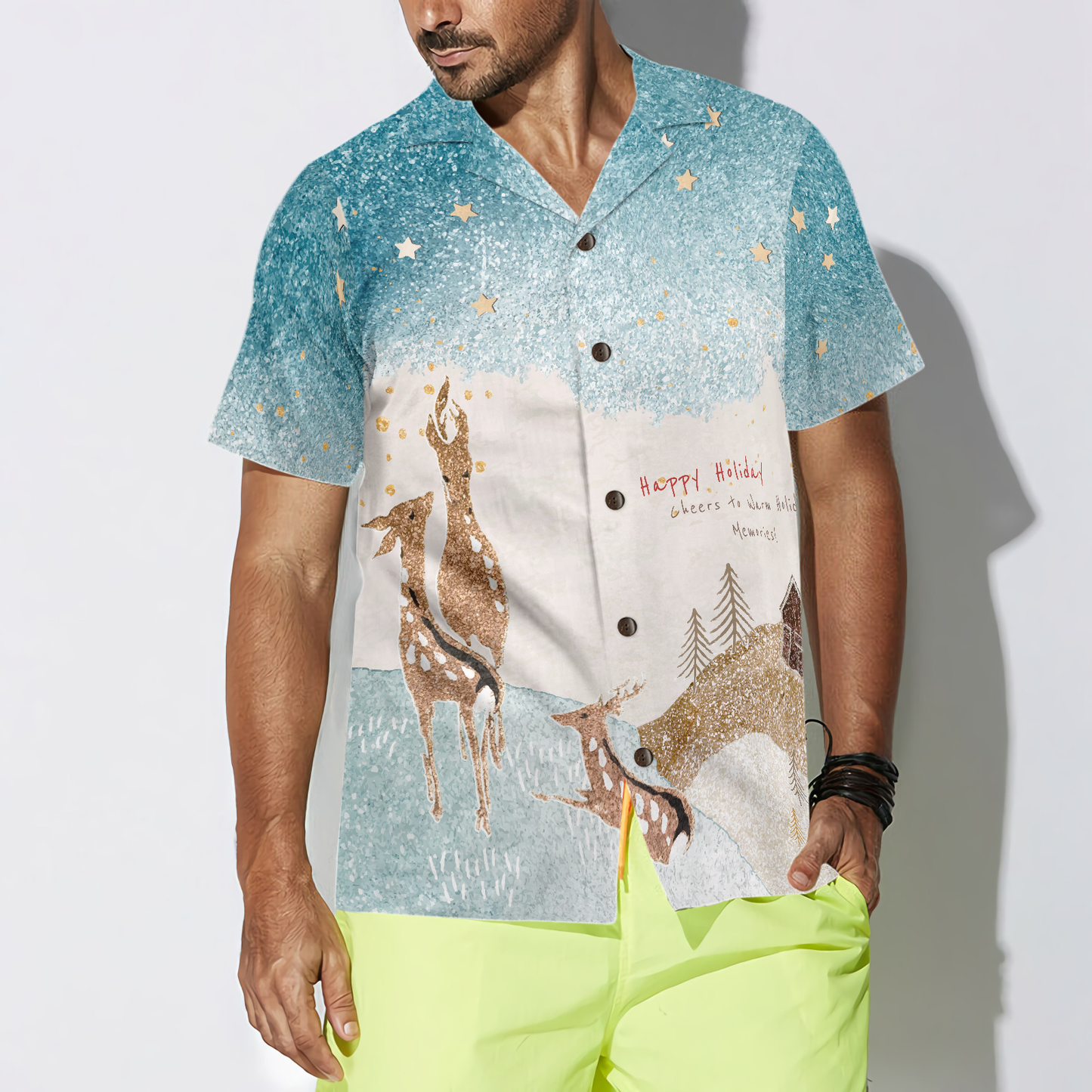 WW | Hyperfavor Rentier Schnee Licht Hawaiian-Shirt, Weihnachtshemden Kurzarm Button-Down-Hemd für Männer und Frauen