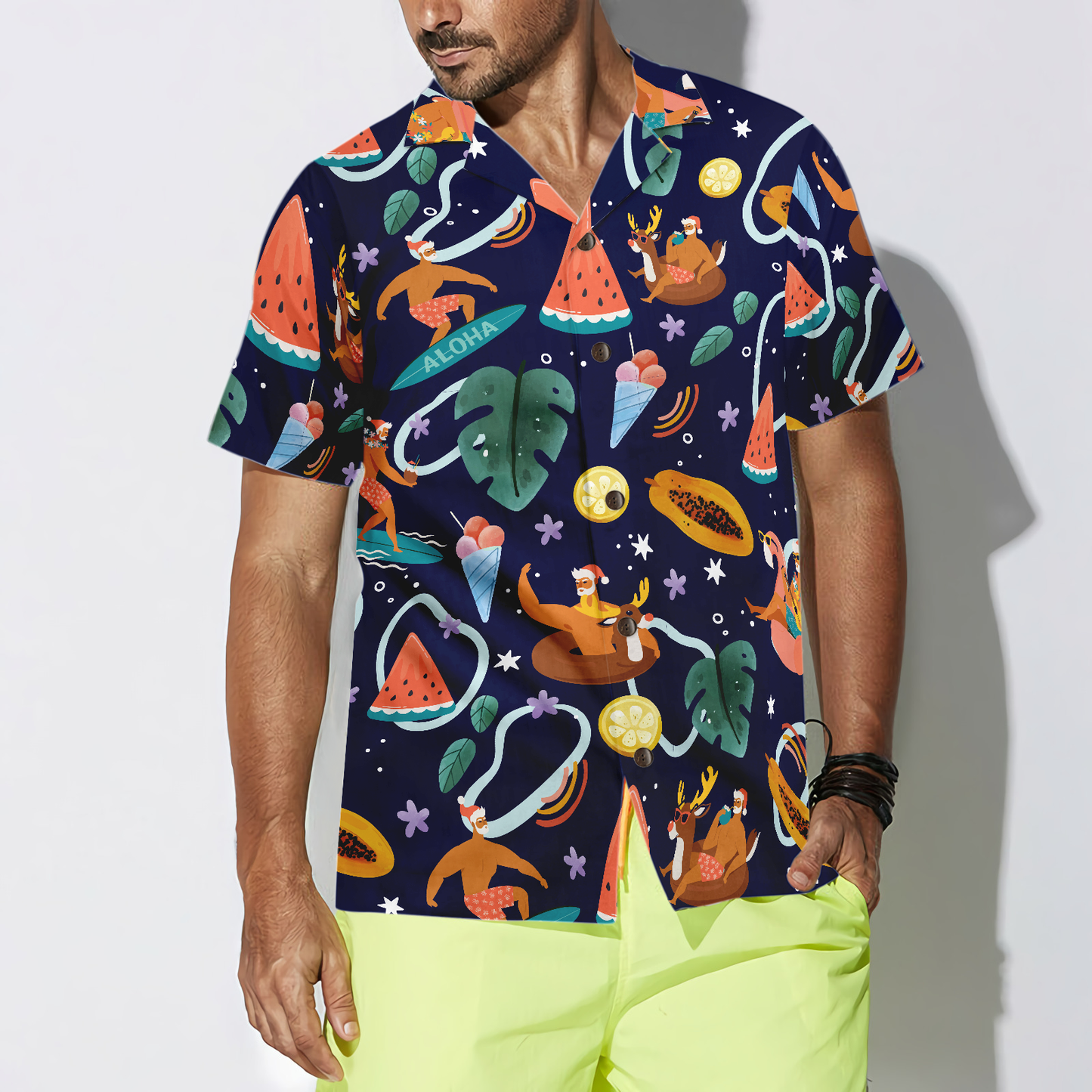 WW | Hyperfavor Santa Beach 1 Muster Hawaiian Shirt, Weihnachtshemden Kurzarm Button-Down-Shirt für Männer und Frauen