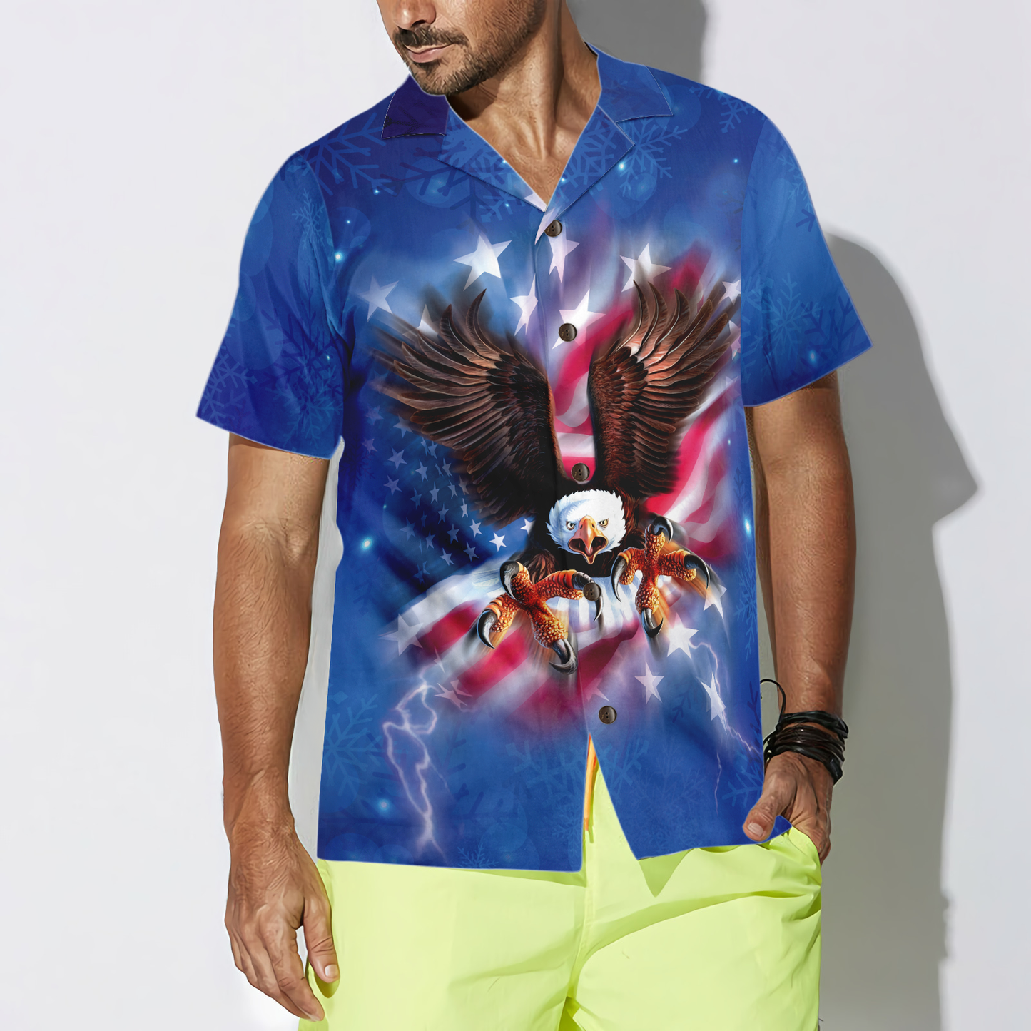 WW | Hyperfavor Weihnachts-Hawaiian-Shirts für Männer und Frauen, Adler fliegt mit amerikanischer Flagge Hawaiian Shirt Button-Down-Shirt Kurzarm