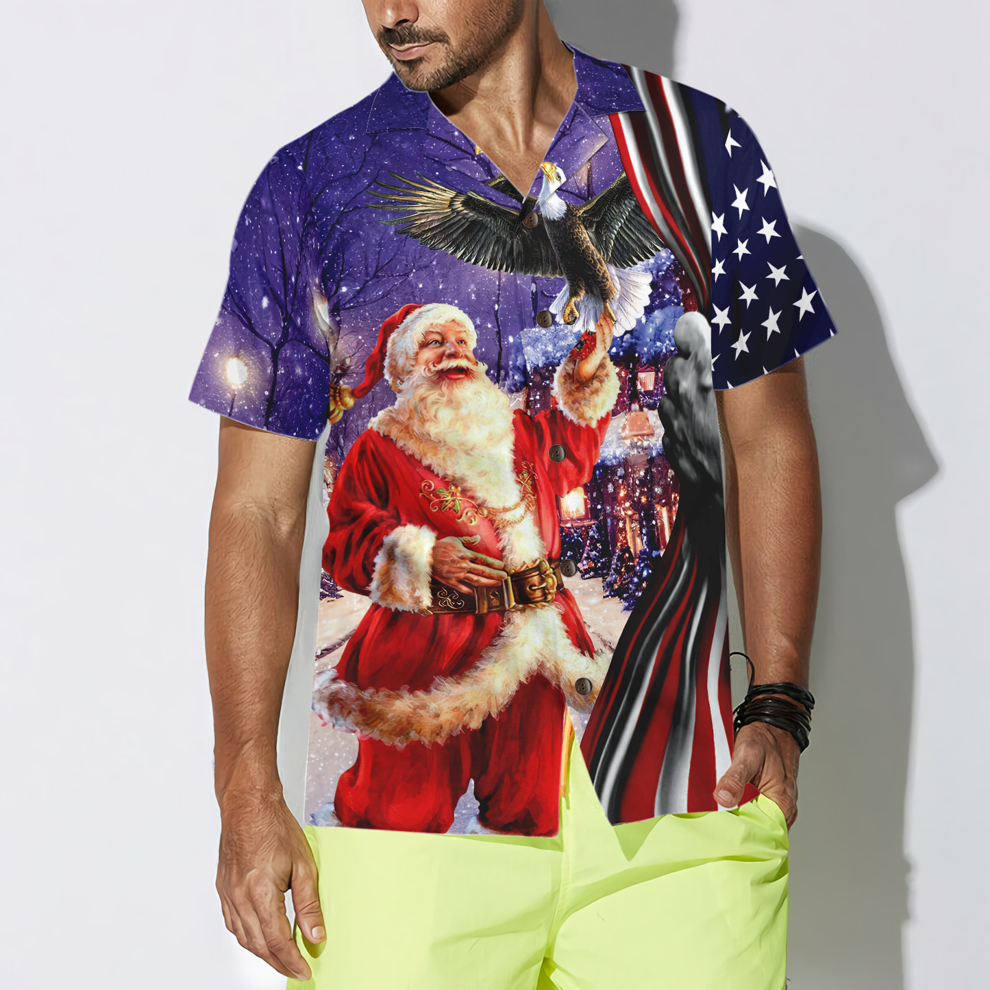 WW | Hyperfavor Weihnachts-Hawaiian-Shirts, Santa mit Adler Shirt Kurzarm, Weihnachts-Shirt-Idee Geschenk für Männer und Frauen