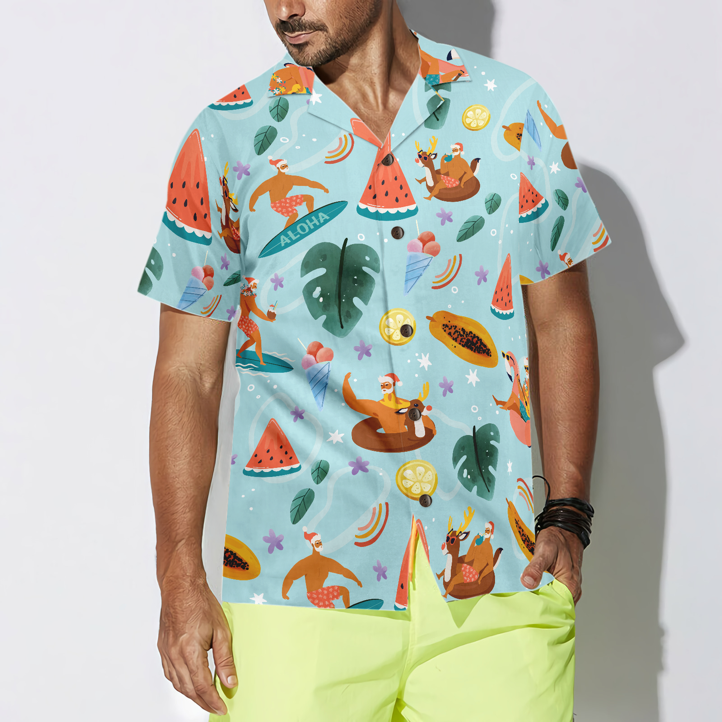 WW | Hyperfavor Santa Beach 2 Muster Hawaiihemd, Weihnachtshemden Kurzarm Button-Down-Hemd für Männer und Frauen