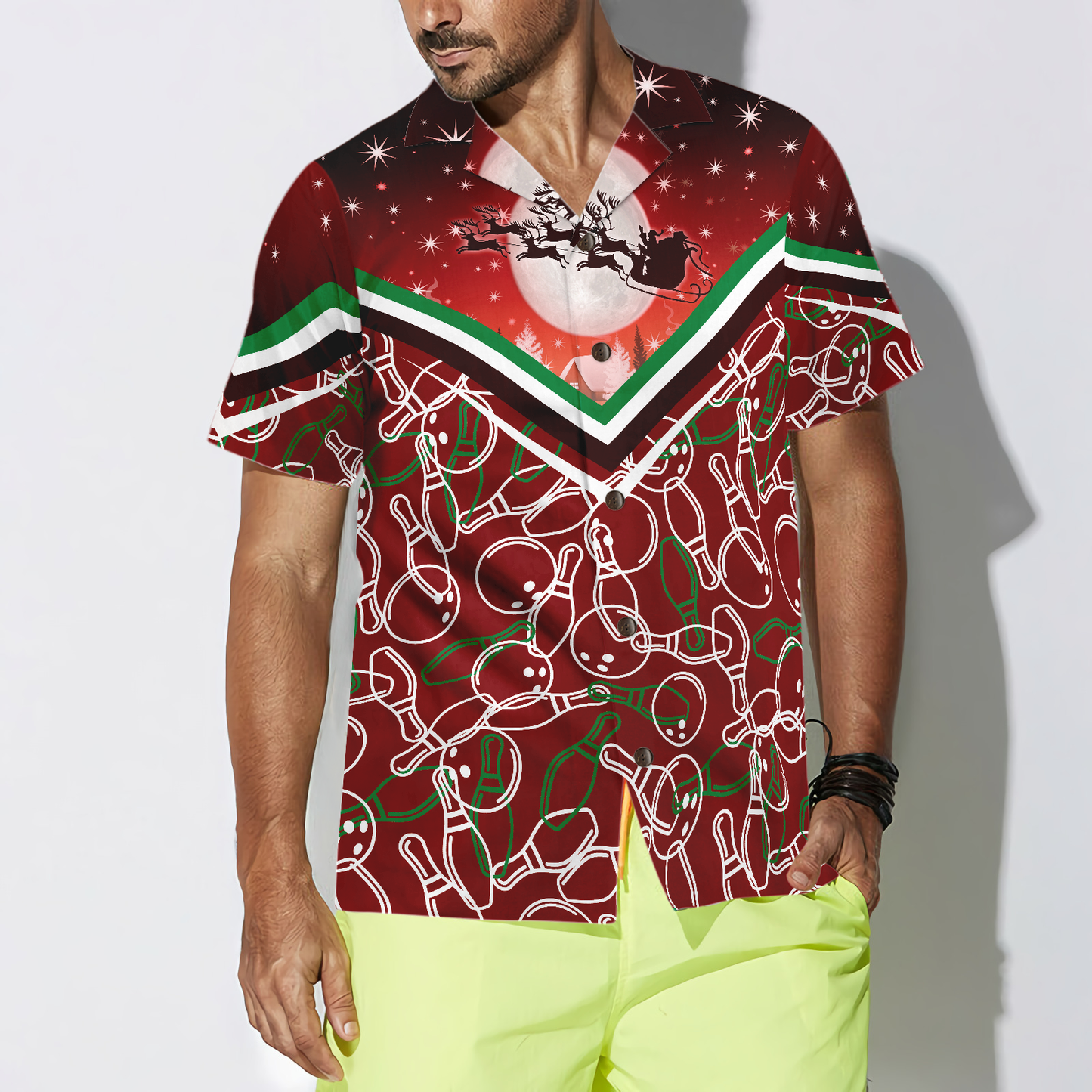 WW | Hyperfavor Weihnachts-Hawaiian-Shirts, Weihnachtsnacht mit Bowling-Muster Shirt Kurzarm, Weihnachts-Shirt Geschenkidee für Männer und Frauen
