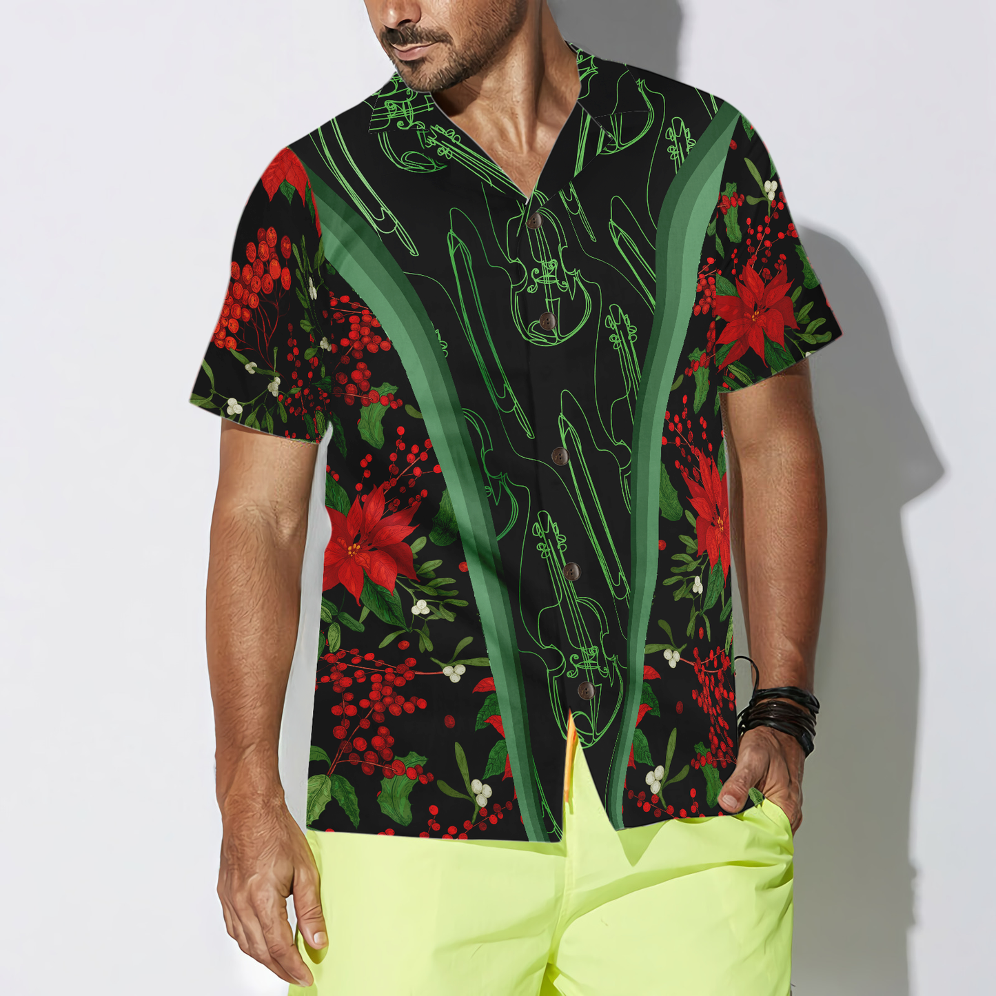 WW | Hyperfavor Christmas Hawaiian Shirts, Christmas Fiddle Music Pattern Shirt Short Sleeve, Christmas Shirt Gift Idea for Men and Women
