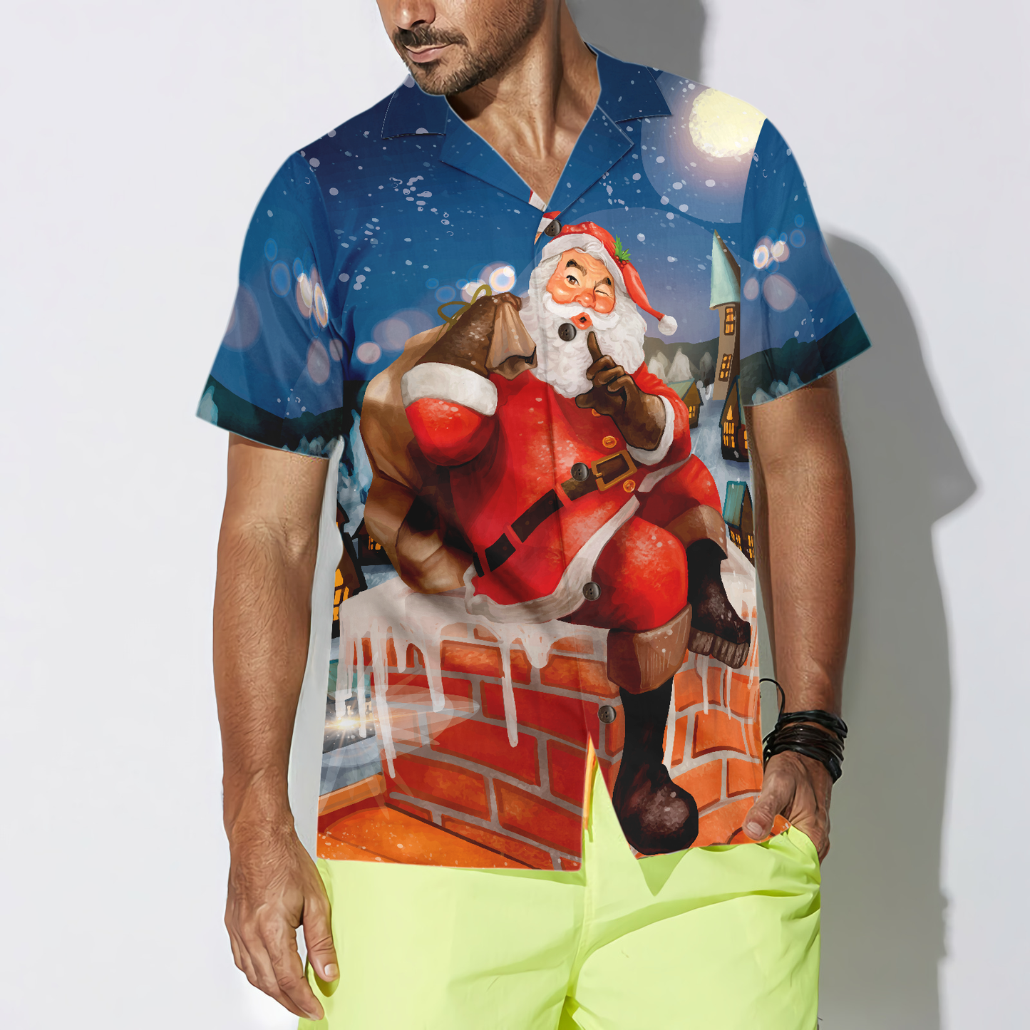 WW | Hawaiian-Shirts, Santa mit Geschenk T-Shirt Kurzarm, Weihnachts-Shirt Geschenkidee für Männer und Frauen