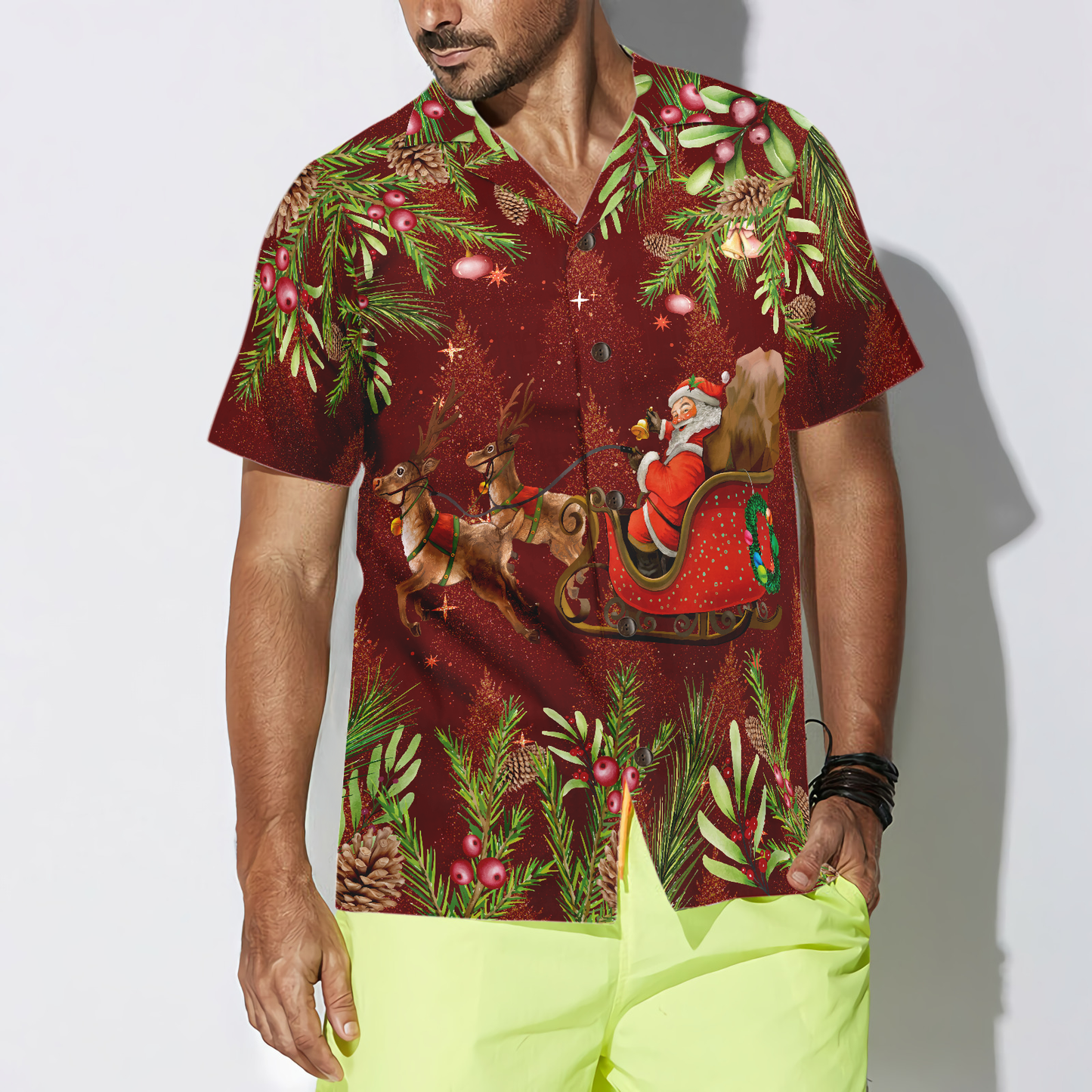 WW | Hyperfavor Santa Santa Schlittenfahren 2 Muster Hawaiian Shirt, Weihnachtshemden Kurzarm Knopfdown Hemd Für Männer Und Frauen