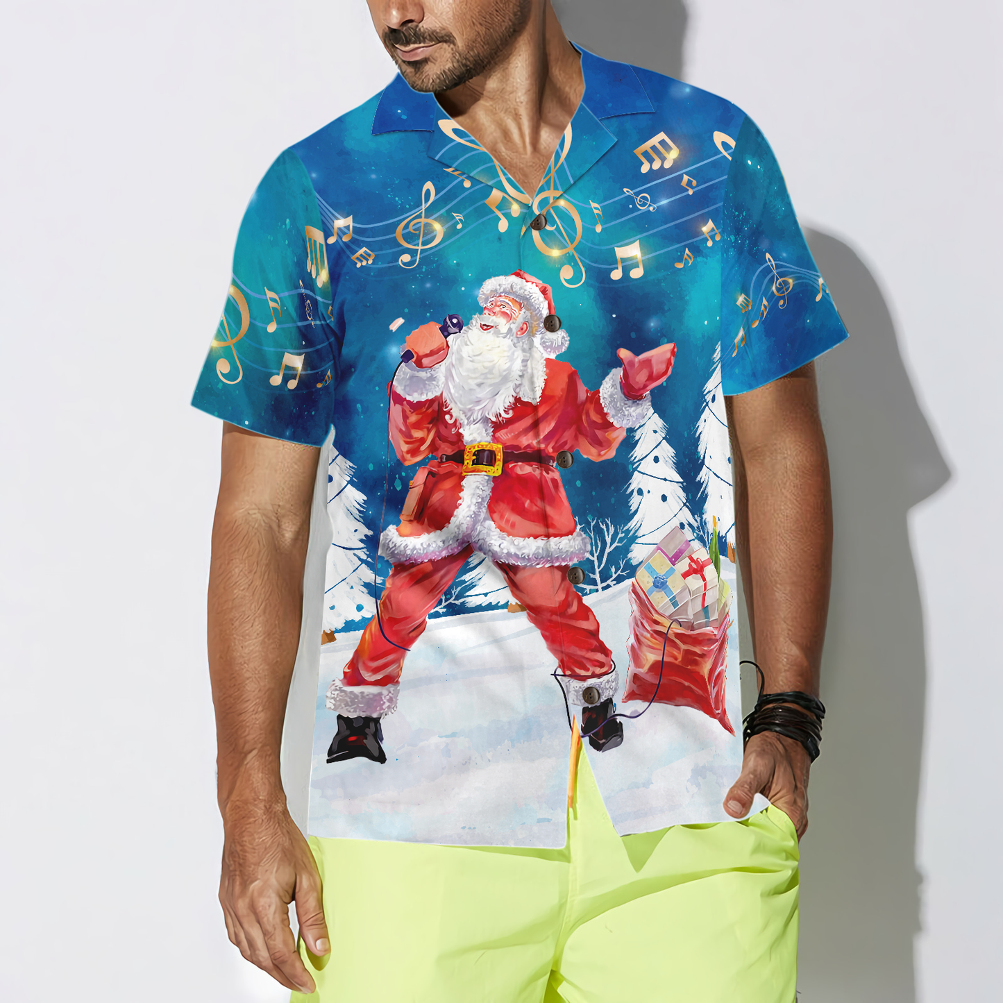 WW | Hyperfavor Weihnachts-Hawaii-Hemden für Herren und Damen, Santa Sing Musik Hawaiian Shirt mit Knopfleiste Kurzarm