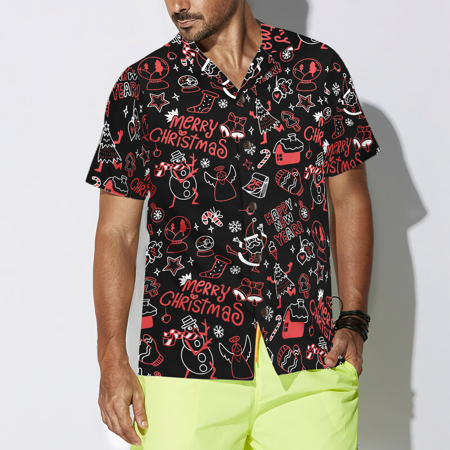 WW | Hyperfavor Weihnachts-Hawaiianhemden, Weihnachts-Linienmuster-Hemd Kurzarm, Weihnachtshemd Geschenkidee für Männer und Frauen