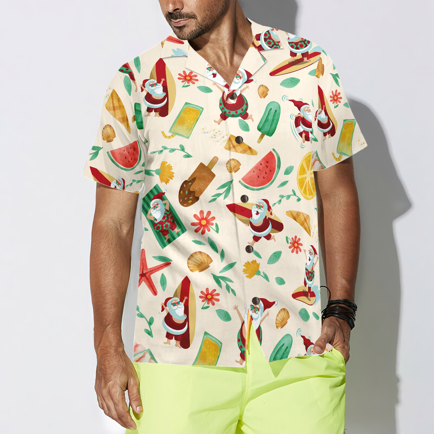 WW | Hyperfavor Santa Surfing 1 Pattern Hawaiian Shirt, Christmas Short Sleeve Button-Down Shirt For Men And Women