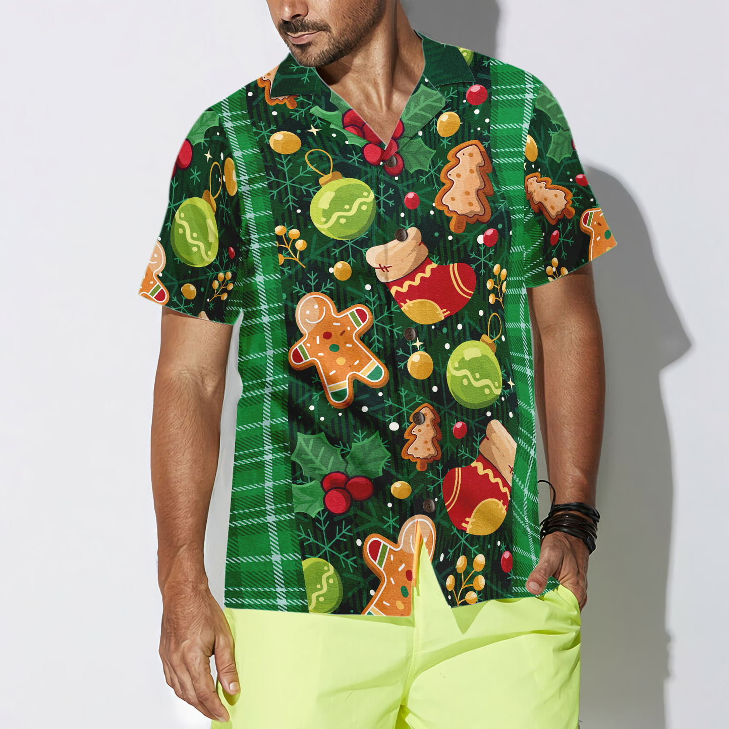 WW | Hyperfavor Weihnachtsgrün Plaid Muster Hawaiian Shirt, Weihnachtshemden Kurzarm Button-Down Shirt für Männer und Frauen