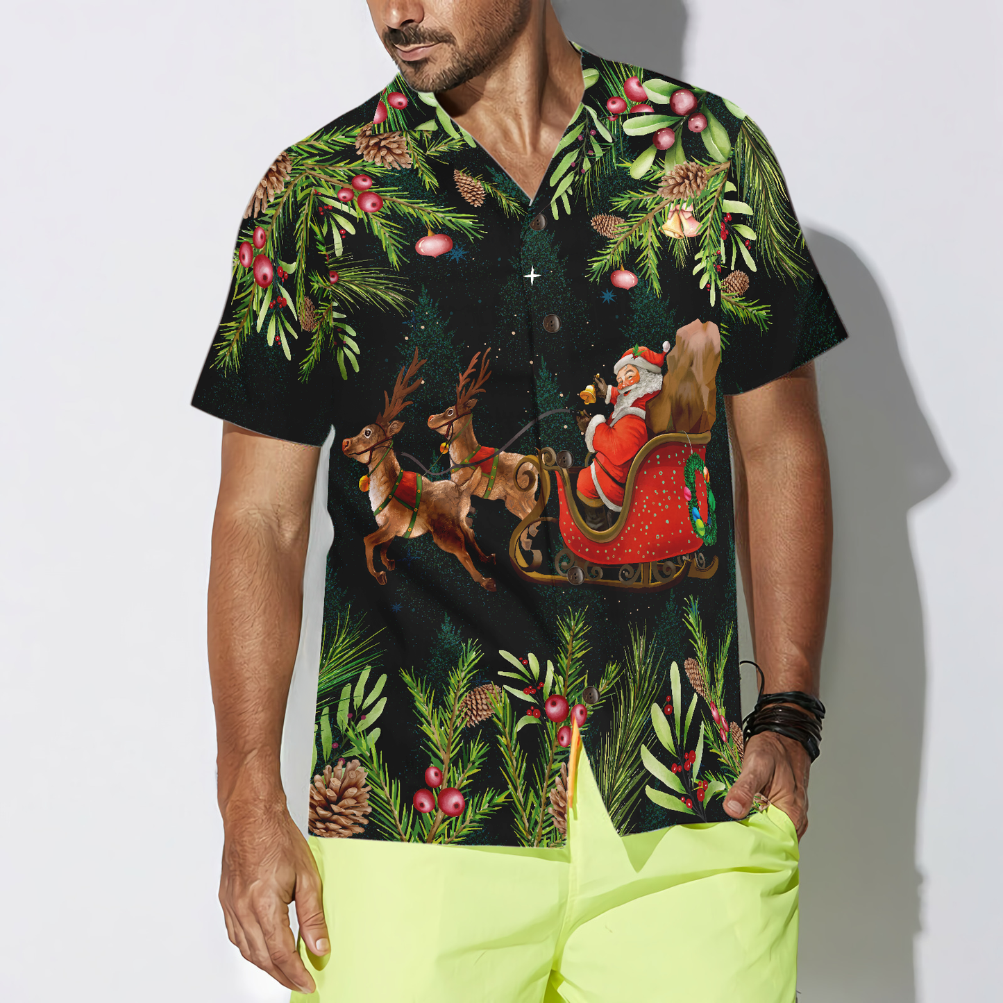 WW | Hyperfavor Santa Santa Riding Sleigh 3 Patterns Hawaiian Shirt, Christmas Shirts Short Sleeve Button Down Shirt For Men And Women