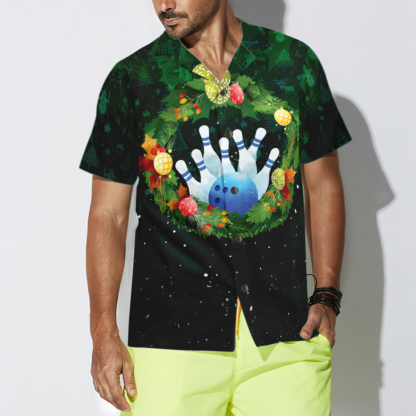 WW | Hyperfavor Weihnachts-Hawaiian-Shirts für Männer und Frauen, Weihnachtskranz Bowling Hawaiian Shirt Knopfkragen Kurzarm