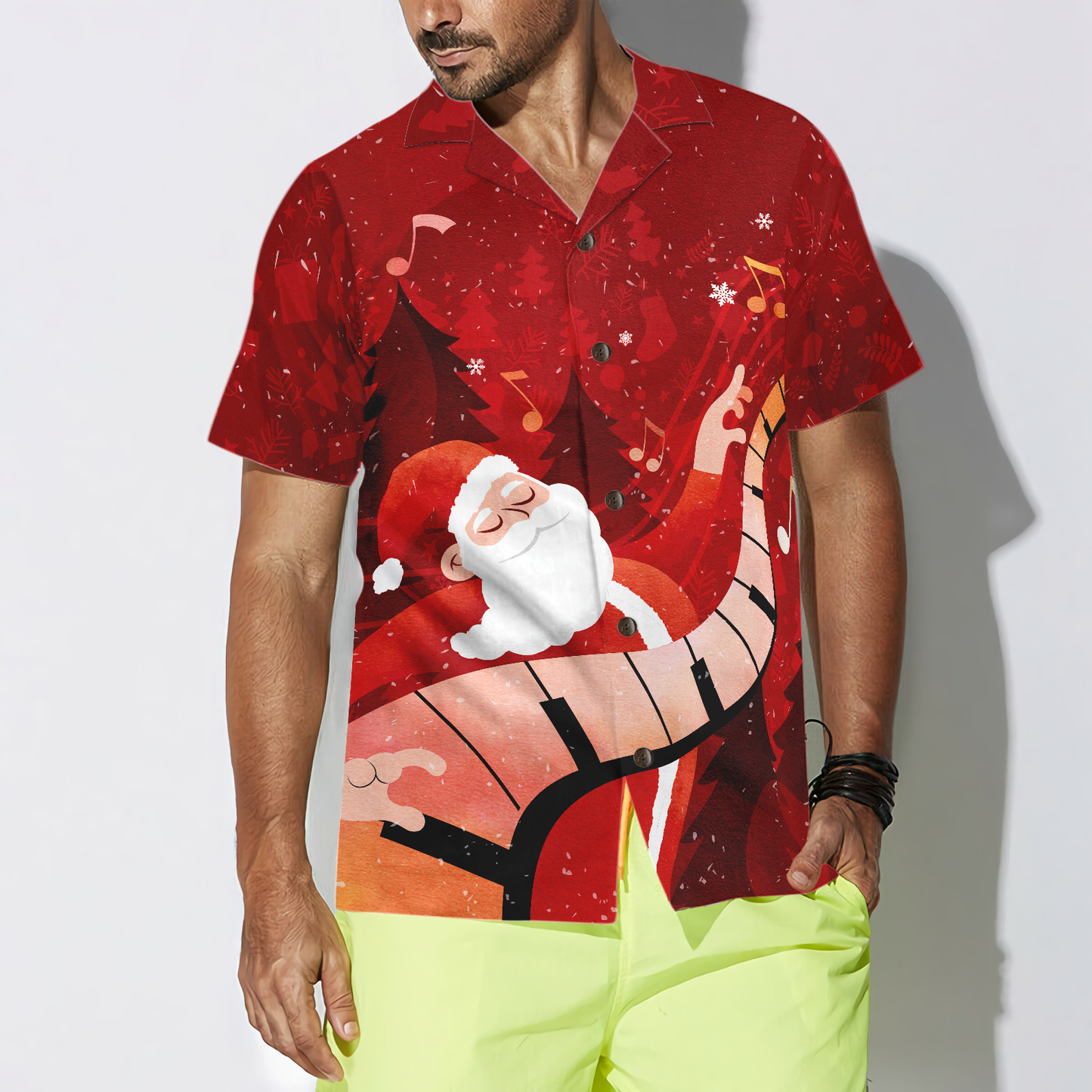 WW | Hyperfavor Weihnachts-Hawaiian-Shirts für Männer und Frauen, Santa spielt Klavier Hawaiian Shirt Knopf-down Shirt Kurzarm
