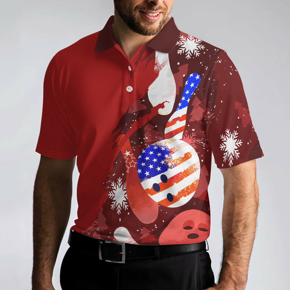 WW | Amerikanische Flagge Weihnachten Bowlingball und Pins Herren Polohemden