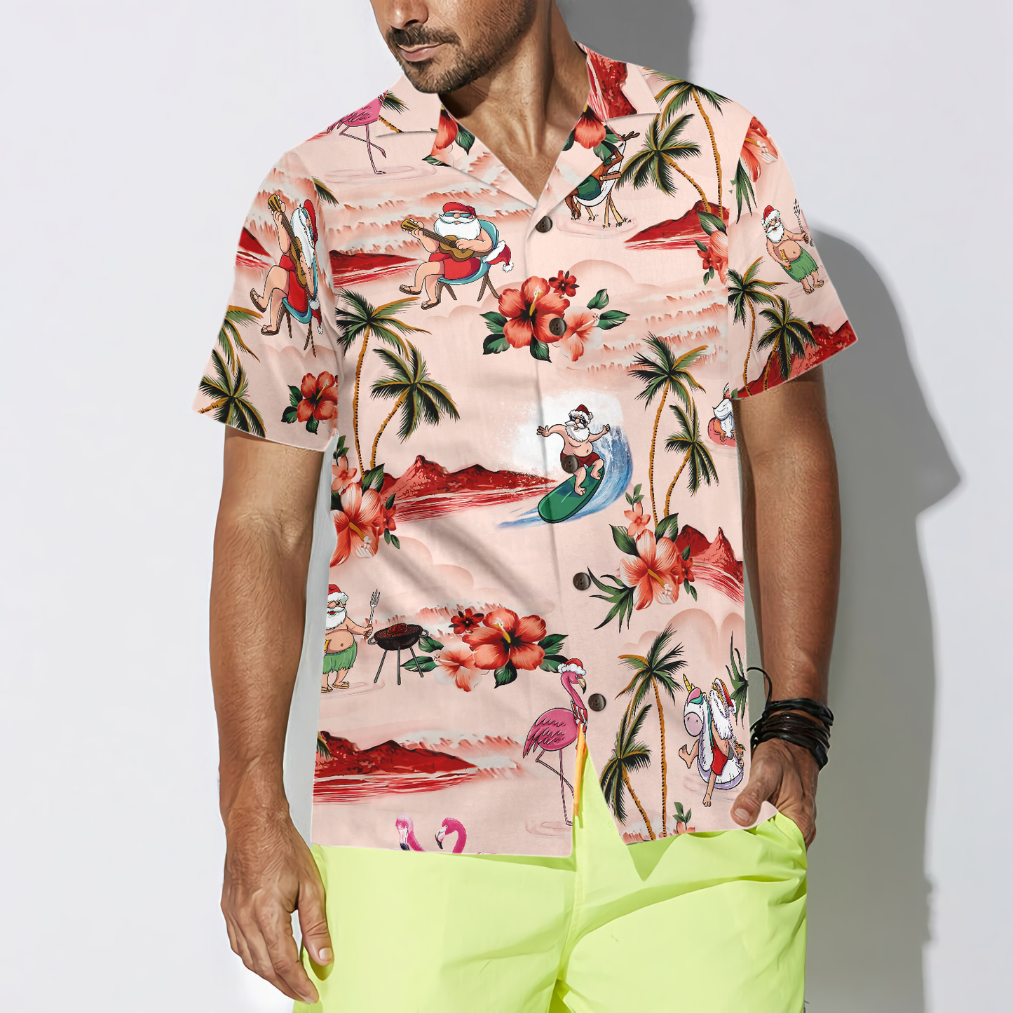 WW | Hyperfavor Weihnachts-Hawaiian-Shirts für Männer und Frauen, Santa Strand Weihnachtsmuster Hawaiian Shirt Button-Down-Shirt Kurzarm